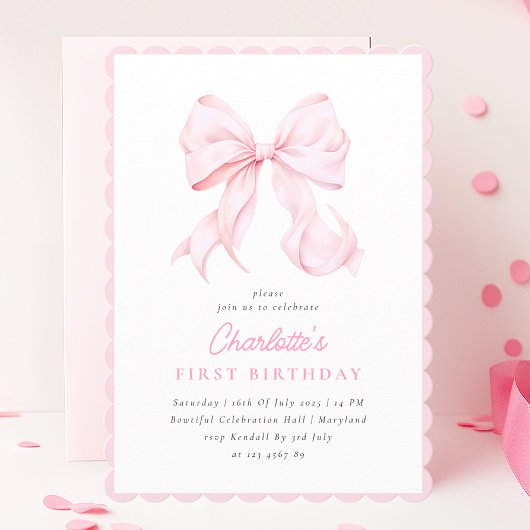 Schattige roze strik meisje eerste verjaardagsuitn kaart