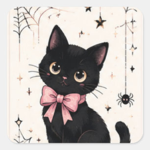 Schattige Roze Strik Spinnenweb Zwarte Kat Vierkante Sticker
