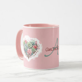 Schattige Roze Succulent Hart Monogram Valentijnsd Mok