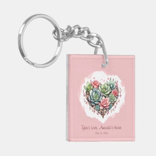 Schattige roze succulent hart Valentijnsdag Sleutelhanger (Voorkant Links)