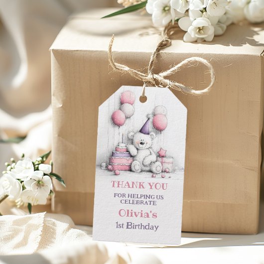 Schattige Roze Teddybeer 1e Verjaardag Dank Je Cadeaulabel