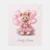 Schattige roze teddybeer ballonnen kindernaam fleece deken (Voorkant)