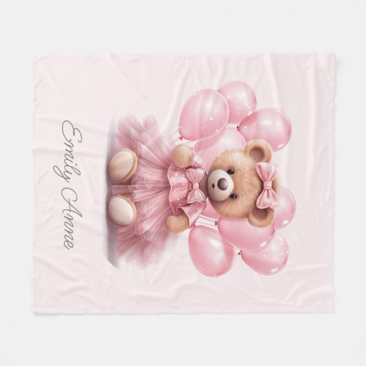 Schattige roze teddybeer ballonnen kindernaam fleece deken (Voorkant (Horizontaal))