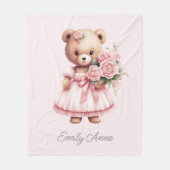 Schattige roze teddybeer bloeit kindernaam fleece deken (Voorkant)