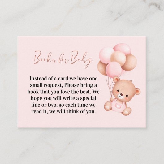 Schattige Roze Teddybeer Boeken voor Baby shower Informatiekaartje (Voorkant)
