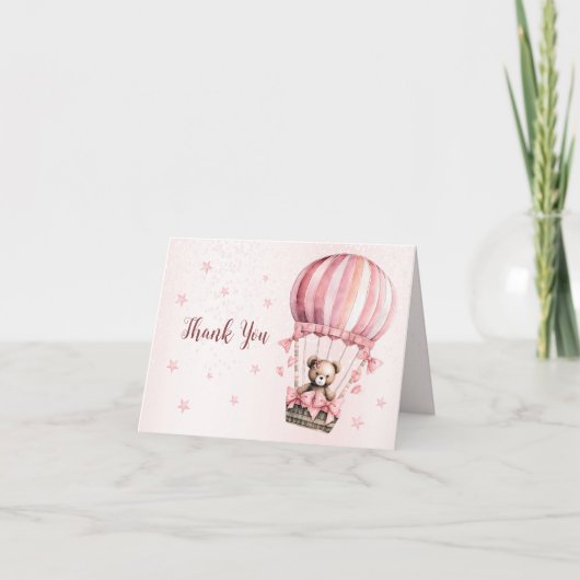 Schattige roze teddybeer hete luchtballon mooi bedankkaart (Voorkant)