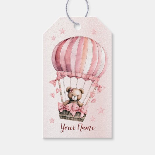 Schattige Roze Teddybeer Hete Luchtballonpartij Cadeaulabel (Voorkant)