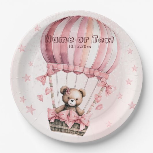 Schattige Roze Teddybeer Hete Luchtballonpartij Papieren Bordje (Voorkant)