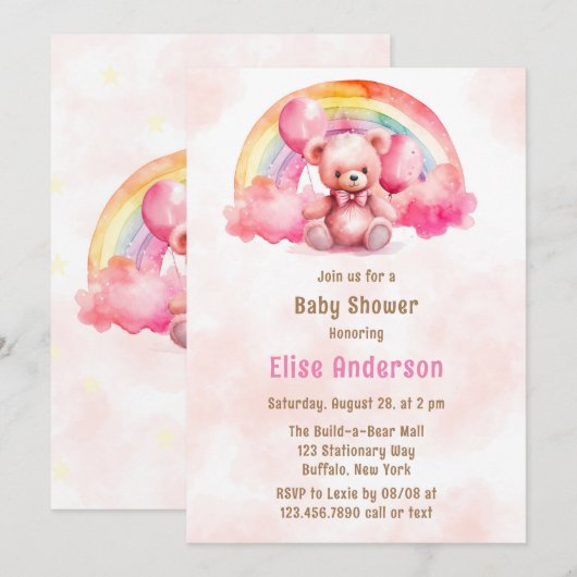 Schattige Roze Teddybeer met Regenboog Meisje Baby Kaart (Voorkant / Achterkant)