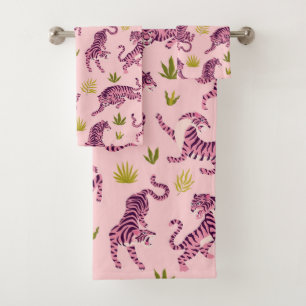 Schattige Roze Tijgers Tropische Bladeren Abstract Bad Handdoek
