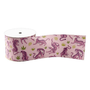 Schattige Roze Tijgers Tropische Bladeren Abstract Grosgrain Lint