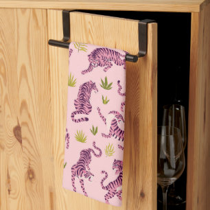 Schattige Roze Tijgers Tropische Bladeren Abstract Theedoek