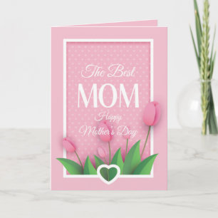 Schattige Roze Tulp en Witte Hartjes Moederdag Kaart