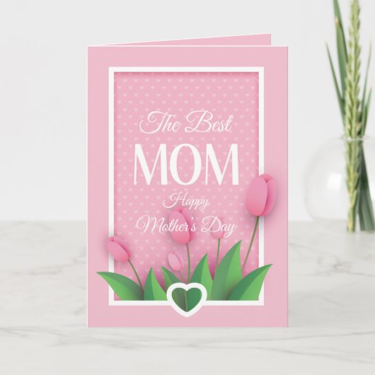 Schattige Roze Tulp en Witte Hartjes Moederdag Kaart (Voorkant)