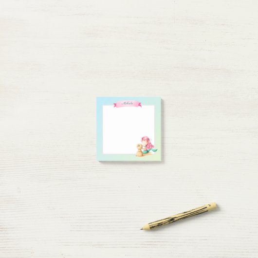 Schattige Roze Turquoise Zeemeermin Gepersonalisee Post-it® Notes (Op bureau)