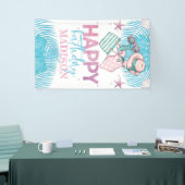 Schattige Roze Turquoise Zomerzwembad Verjaardag Spandoek (Beurs)