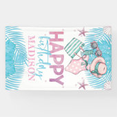 Schattige Roze Turquoise Zomerzwembad Verjaardag Spandoek (Horizontaal)