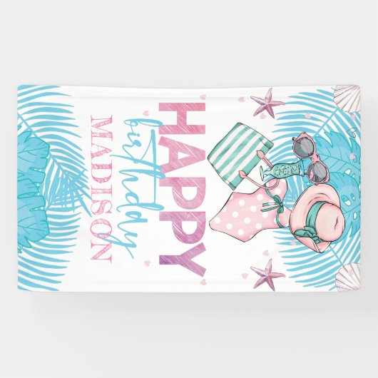 Schattige Roze Turquoise Zomerzwembad Verjaardag Spandoek (Horizontaal)