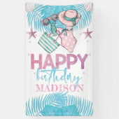 Schattige Roze Turquoise Zomerzwembad Verjaardag Spandoek (Verticaal)