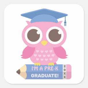 Schattige Roze Uil Afgestudeerd, Afstudeerfeest Vierkante Sticker