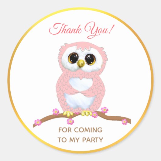 Schattige roze uil dank je ronde sticker (Voorkant)