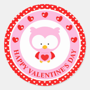 Schattige Roze Uil en Hartjes Valentijnsdag Ronde Sticker