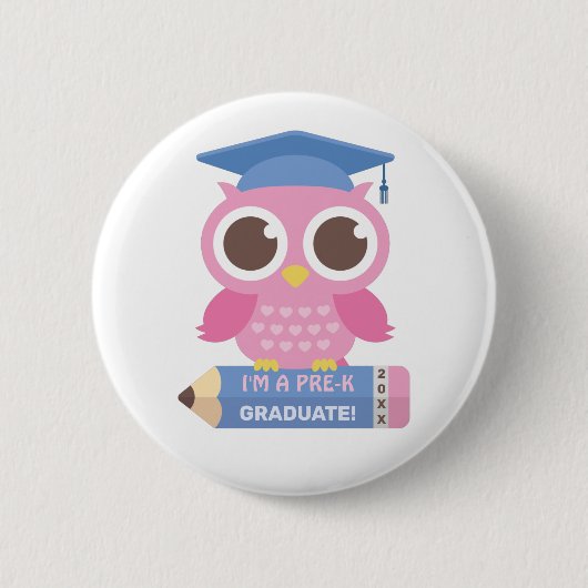 Schattige Roze Uil en Potlood, Ik Ben Afgestudeerd Ronde Button 5,7 Cm (Voorkant)