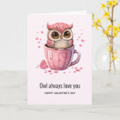 Schattige Roze Uil in een Beker Valentijnsdag Kaart (Gele Bloem)