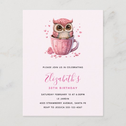 Schattige Roze Uil in een Beker Verjaardag Briefkaart (Voorkant)