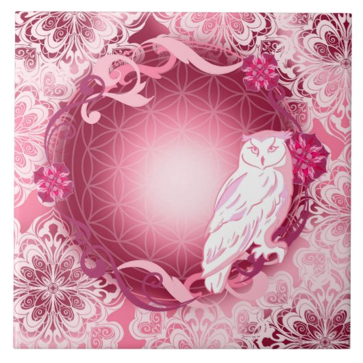 Schattige Roze Uil met Bloem des Levens Tegeltje (Voorkant)