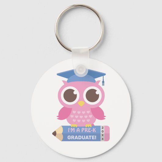 Schattige Roze Uil Op Potlood, Afgestudeerde Voors Sleutelhanger (Voorkant)