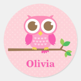 Schattige Roze Uil op Tak voor Meisjes Ronde Sticker