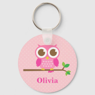 Schattige Roze Uil op Tak voor Meisjes Sleutelhanger