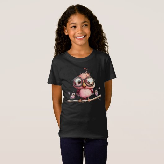 Schattige Roze Uil & Vogelvrienden T-shirt (Voorkant volledig)