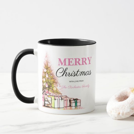 Schattige Roze Vakantieboom Vrolijk Kerstfeest Fav Mok (Met donut)