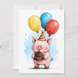 Schattige Roze Varken & Cupcake Kinderen Verjaarda Kaart