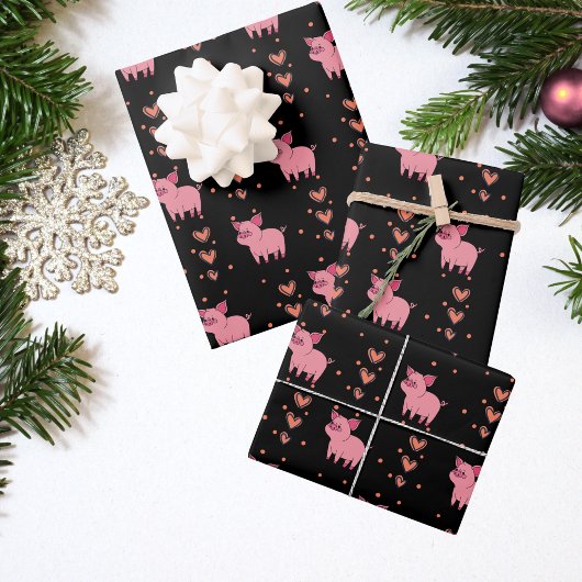 Schattige roze varken en harten inpakpapier vel