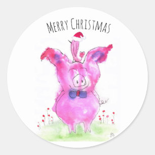 Schattige Roze Varken en Vogelkerst Ronde Sticker