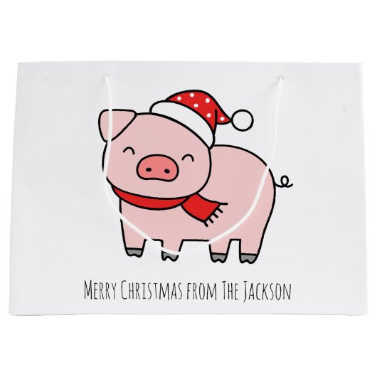 Schattige Roze Varken Vrolijk Kerstfeest Eenvoudig Groot Cadeauzakje (Voorkant)