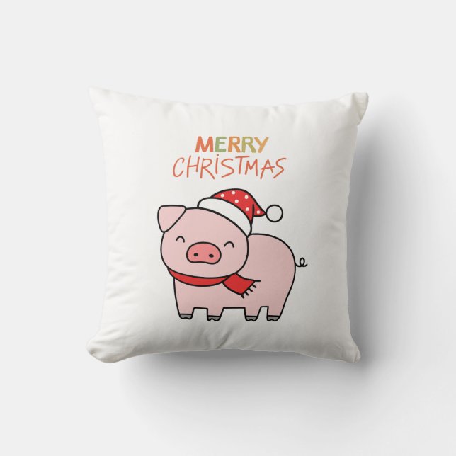Schattige Roze Varken Vrolijk Kerstfeest Kussen (Voorkant)