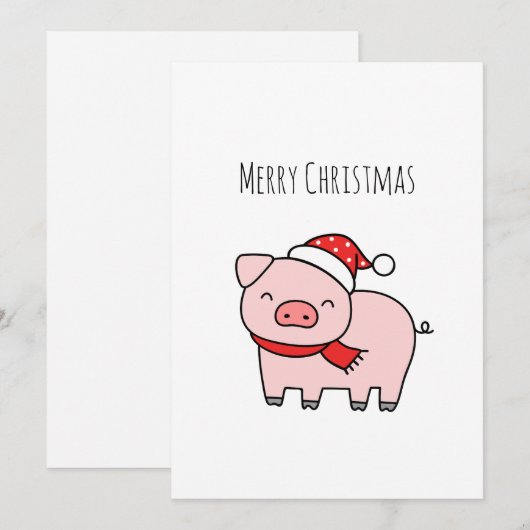 Schattige roze varken vrolijk kerstminimalist feestdagenkaart (Voorkant / Achterkant)