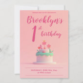 Schattige roze verjaardagsfeestje uitnodigen taart kaart (Voorkant)