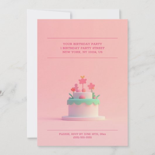 Schattige roze verjaardagsfeestje uitnodigen taart kaart (Achterkant)