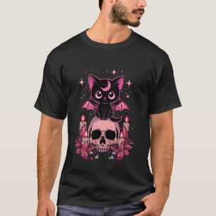 Schattige Roze Vleermuis Kat Zittend Op Schedel Sk T-shirt