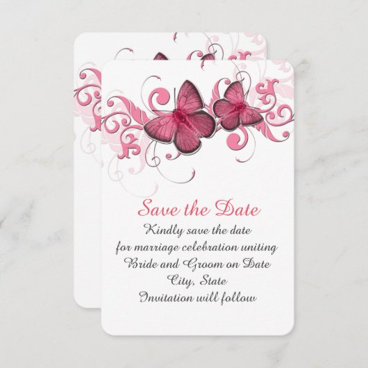 Schattige Roze Vlinder Swirls Bewaar de datum Save The Date (Voorkant / Achterkant)