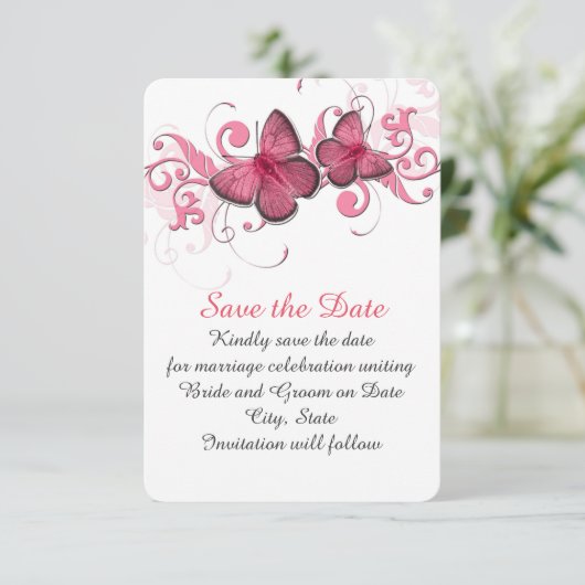Schattige Roze Vlinder Swirls Bewaar de datum Save The Date (Staand voorkant)