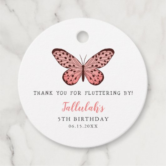 Schattige roze vlinder thema verjaardagsfeestje bedankjes labels (Voorkant)