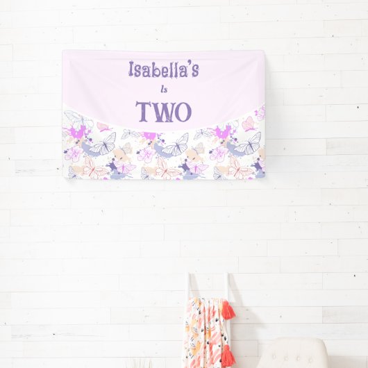 Schattige Roze Vlinder Verjaardagsbanner voor Meis Spandoek (Insitu)