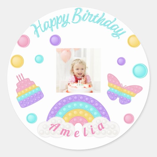 schattige roze vlinderkoek aangepast aan HAPPY BIR Ronde Sticker (Voorkant)