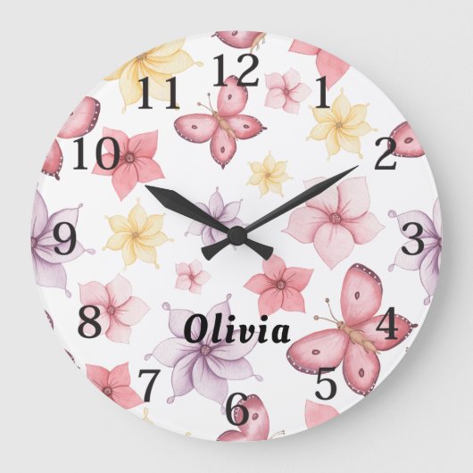 Schattige roze vlindermonogram grote klok (Voorkant)